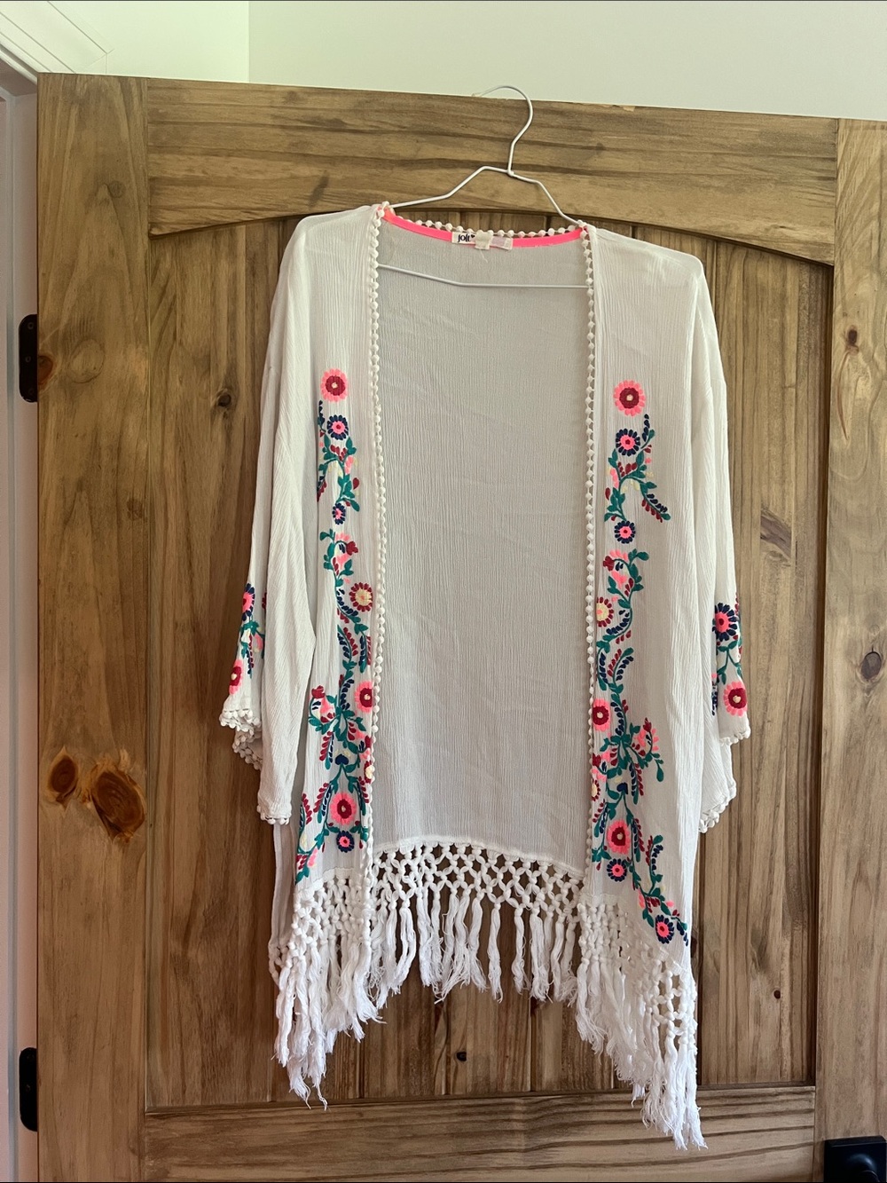 Jolt White Open-Front Kimono with Pink & Teal Floral Embroidery